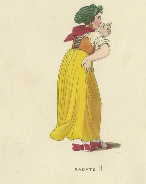 Costume Print: Italian Gestures with Traditional Dress, 1820s Engraving, close-up 4