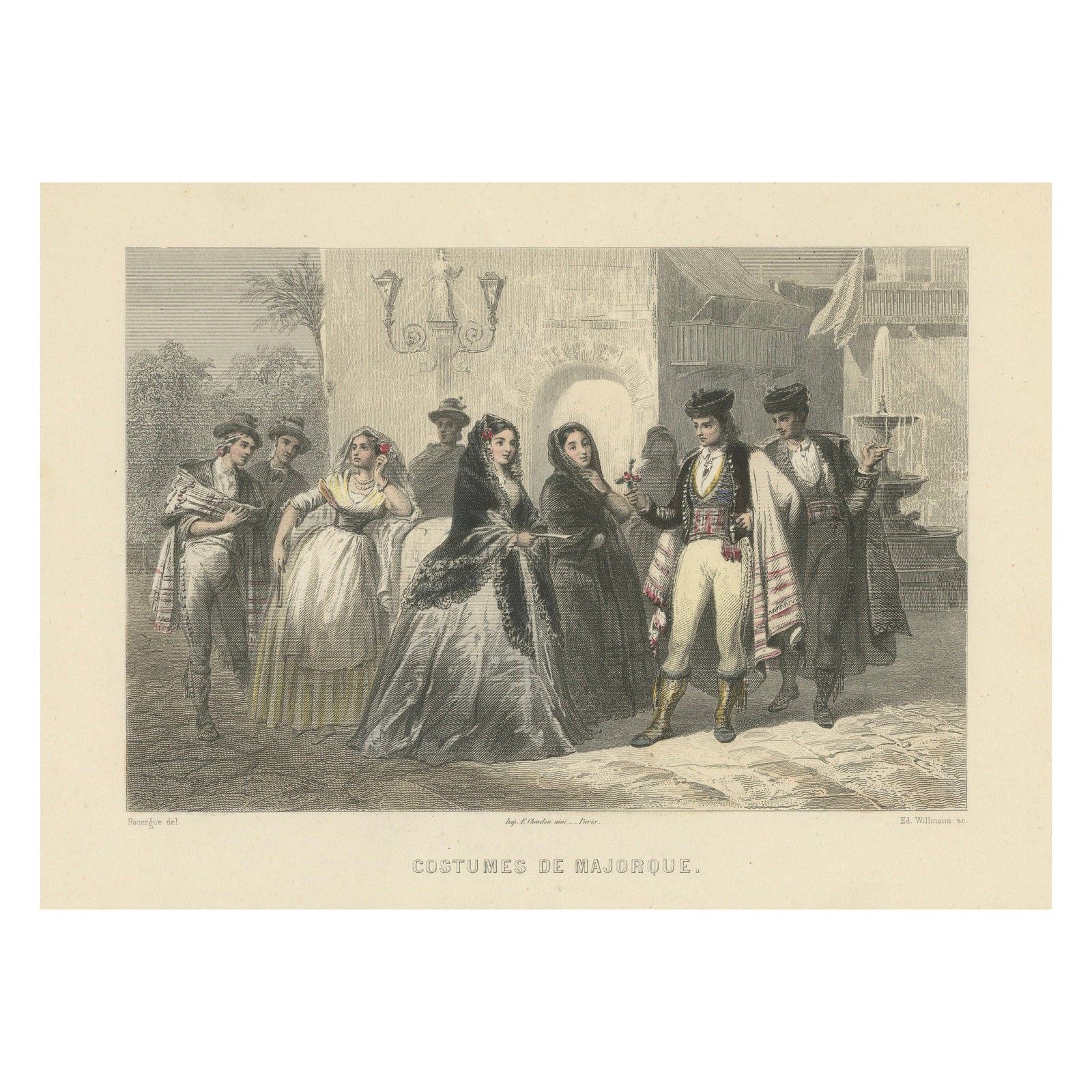 Costumes of Majorca, 19th-Century Hand-Colored Engraving by Ed. Willmann
