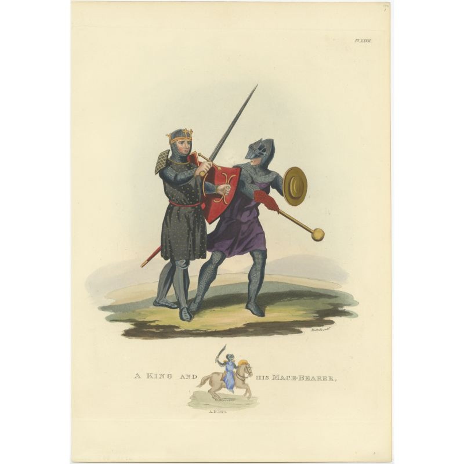 Antique Print of a King and His Macebearer in Original Old Hand-Coloring, 1842