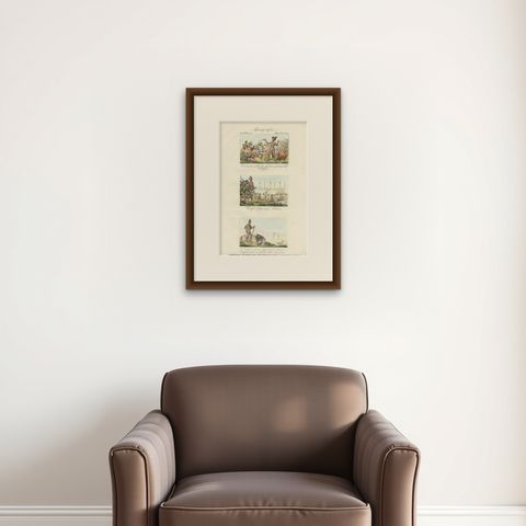 Antique Print of Warrior Costumes and Scenes of North America, '1845', shown framed on a wall