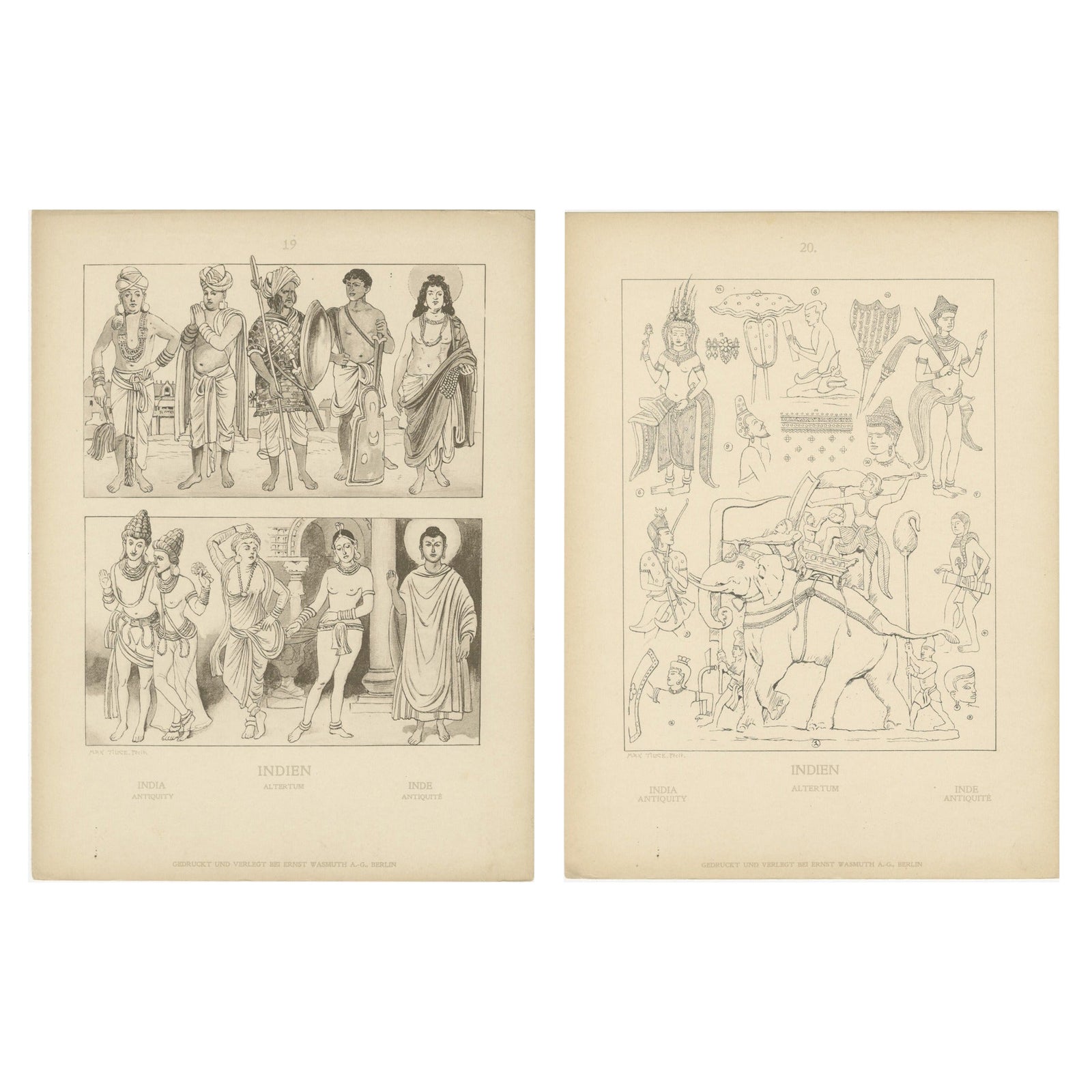 Set of 2 Antique India Costume and Cultural Plates by Max Tilke, c.1900