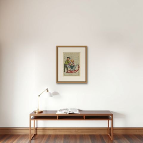 Schouwen & Duiveland Winter Sleigh Ride, Dutch Peasant Costumes, c.1800, shown framed on a wall