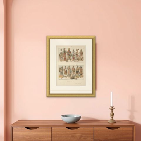 Inca Empire Costumes, Antique Lithograph of Inca Clothing, Max Tilke c.1880, shown framed on a wall