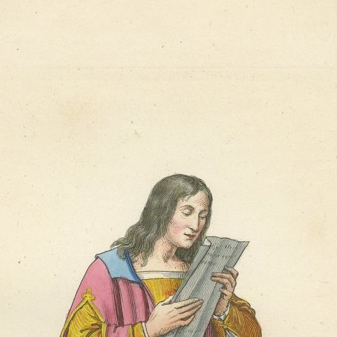 Antique 1845 Hand-Colored Engraving of Medieval Singer in Pink Robe, France, close-up 5