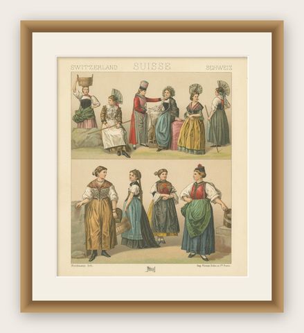 Antique Print of Swiss Women's Dresses by Racinet, circa 1880, shown framed