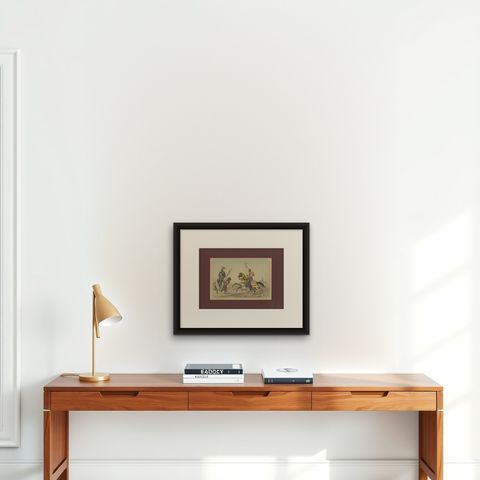 Spanish Cavalry Lithograph by José Villegas: Medieval Knights, 1861, shown framed on a wall