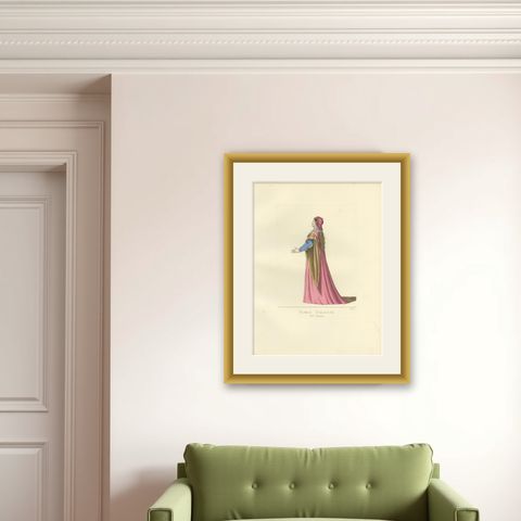 Antique Print of an Italian Noblewoman, 15th Century, by Bonnard, 1860, shown framed on a wall