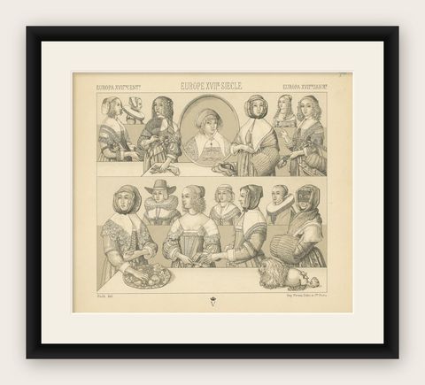 Pl 96 Antique Print of European 17th Century Costumes by Racinet, shown framed