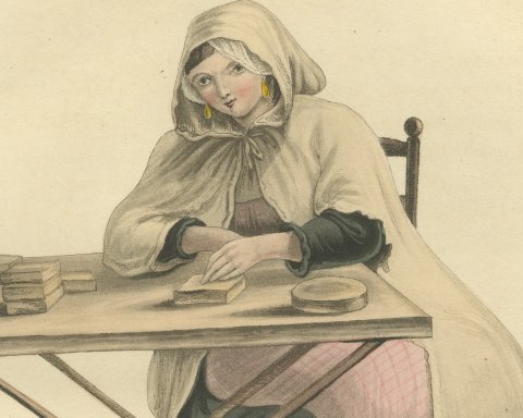 Woman of Valenciennes at her Table, Antique Ackermann Print, 1817, close-up 1