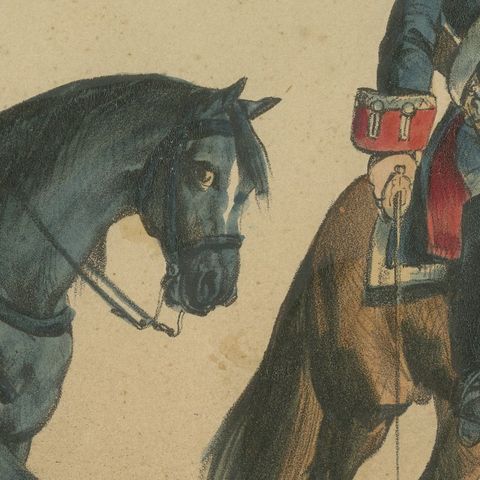 Spanish Cavalry Lithograph by José Rubio y Villegas: Mounted Dragoons, 1861, close-up 4