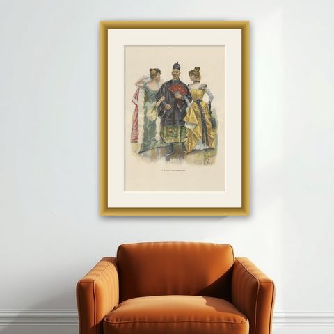 Oriental Carnival Costume Scene, “Faschingsfreuden” by Edward Cucuel, c. 1900, shown framed on a wall