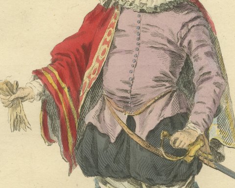 Habit of an English Nobleman in 1559, Hand Colored Jefferys Costume Plate, 1757, close-up 2