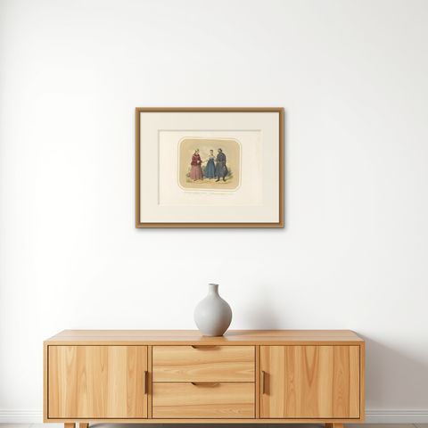 Antique Costume Print of Peasants from Olonets in Russia, circa 1860, shown framed on a wall