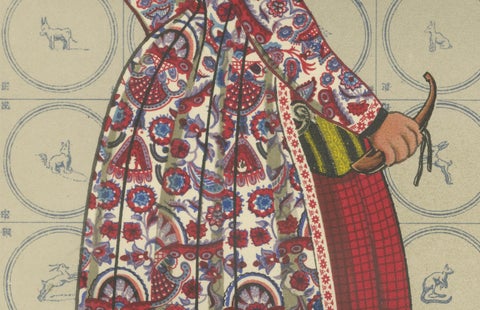 Girl on Hindeloopen Sleigh in Dutch Winter Dress, Hand-colored Lithograph - 1932, close-up 1