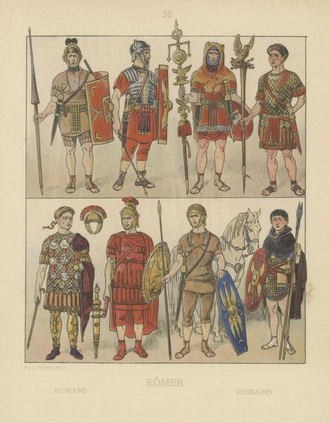 Antique Roman Military Costume Plate, Hand-Colored Print c.1880, close-up 1