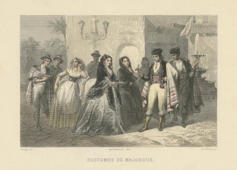 Costumes of Majorca, 19th-Century Hand-Colored Engraving by Ed. Willmann, close-up 1