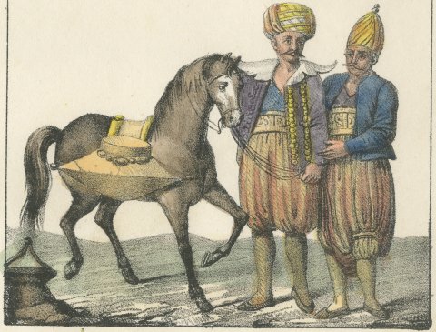 Istanbul Cadi, Standard Bearer, Head Cook and a Water Carrier, 1842, close-up 2