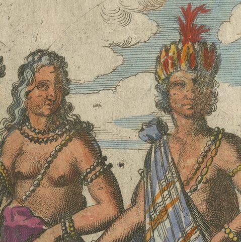 Virginia Indians, Man & Woman in Traditional Dress, Handcolored Engraving, 1683, close-up 6