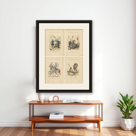 Set of Four Antique French Medieval Military Costume Prints, circa 1860, shown framed on a wall