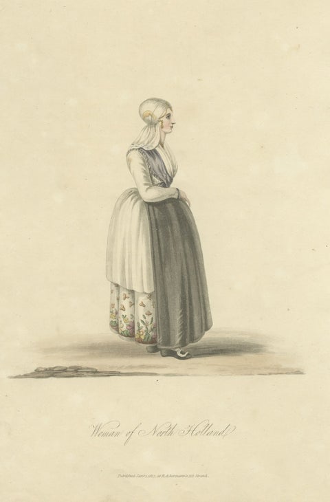 Old Print of Woman in Traditional Clothes of Noord-Holland the Netherlands, 1817, close-up 1