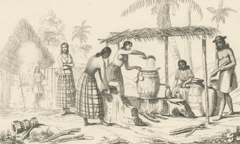 Antique Oceania Engravings, Guam Chamorro Life, Distillery and Costumes, 1836, close-up 1