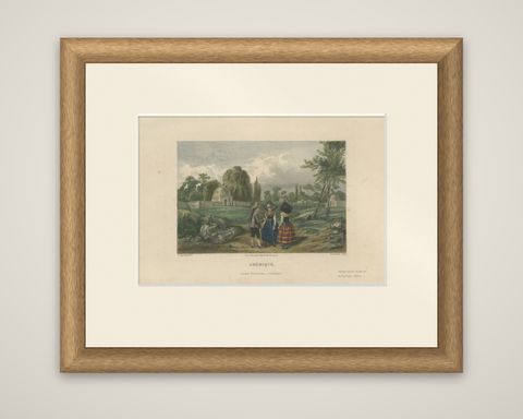 Quechua Indigenous Costumes, South America, Hand-Colored Print, 1843, shown framed