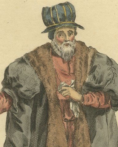 Senator of Leipzig in Fur-Faced Gown and Striped Hat, Costume of 1577, 1757, close-up 1