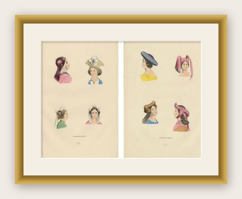 Costume du Moyen Âge: Portraits of Elegant Ladies, Published in 1847, shown framed