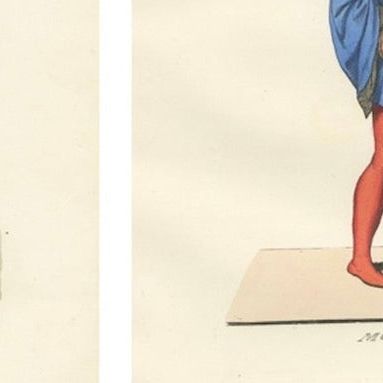 Set of Four Medieval Figures, Costume & Daily Life, Handcolored Engravings 1845, close-up 1
