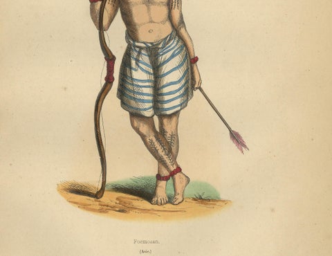 Striking 1844 Lithograph of a Formosan (Taiwanese) Warrior in Traditional Attire, close-up 1