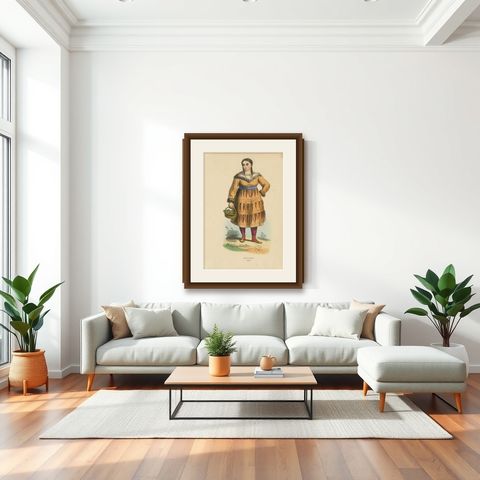 Antique Costume Print of a Kamchadal Woman by Wahlen '1843', shown framed in a room