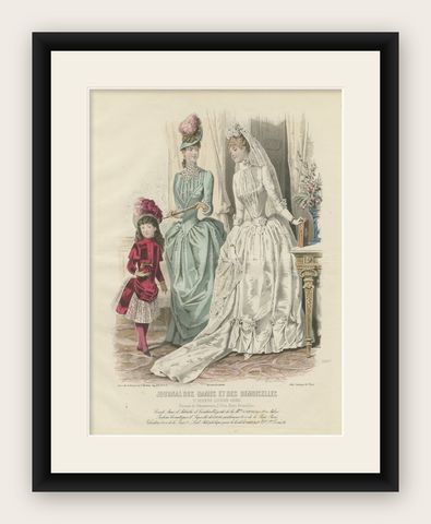 French Fashion Print, Bridal Scene with Ladies & Child, c.1887, shown framed