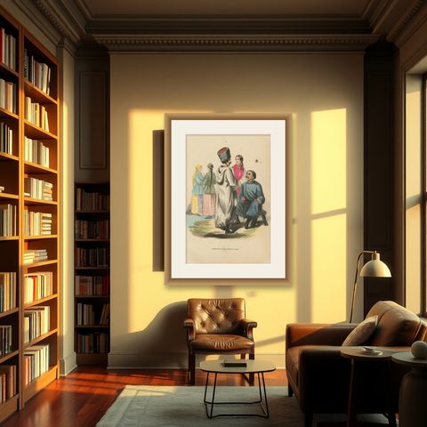 Antique Costume Print of Inhabitants of Little Russia by Wahlen, 1843, shown framed in a room