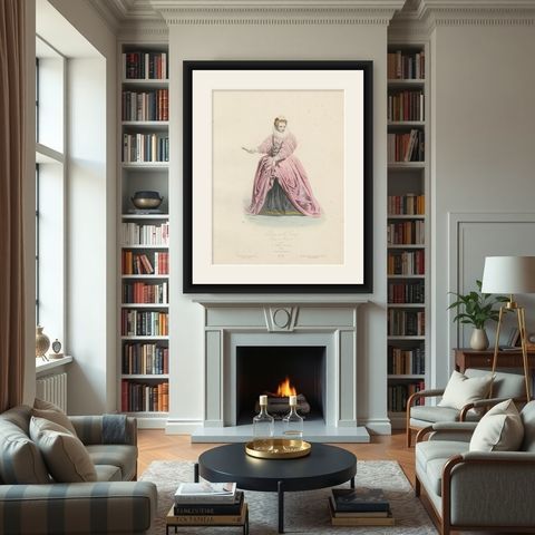 Antique French Costume Print of a Lady of the Court, Reign of Henri III, ca.1860, shown framed in a room