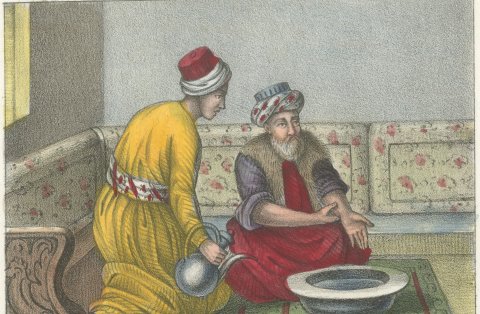 Namaz Ablution and the Tomb of Sultan Mustafa III, Hand Colored, 1842, close-up 1