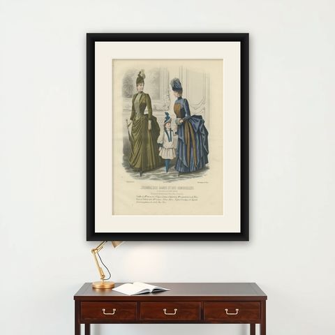 French Fashion Print, Parisian Ladies & Child Interior Scene, c.1887, shown framed on a wall