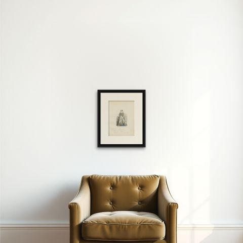 Antique French Costume Print of Gabrielle d’Estrées, 16th-Century Court Dress, shown framed on a wall