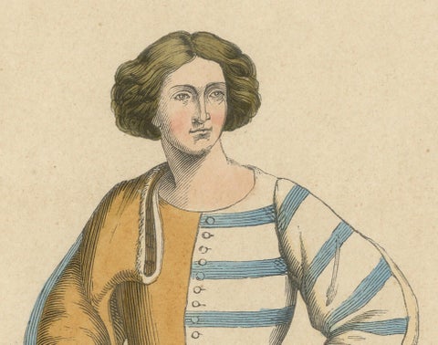 Elegant Renaissance Italian Youth Fashion, Published and Hand-Colored in 1847, close-up 3