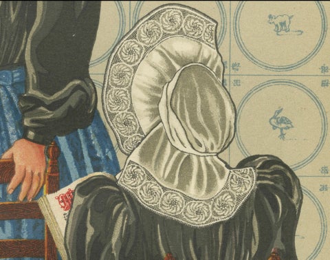 Rare 1932 Dutch Print: Huizen Women's Modern Dress with Lace Caps & Aprons, close-up 2
