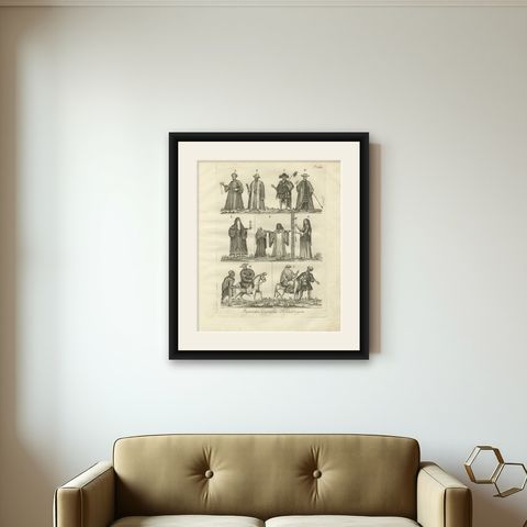 Traditional Egyptian Costumes, 18th-Century Ethnographic Engraving, shown framed on a wall