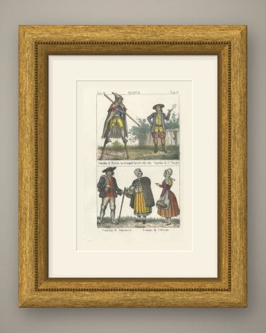 Stilt Walker of Haiden and French Peasants, Hand Colored Lithograph, 1842, shown framed