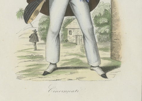 Cincinnati Costume Print, Antique Hand-Colored Lithograph, 1854, close-up 1