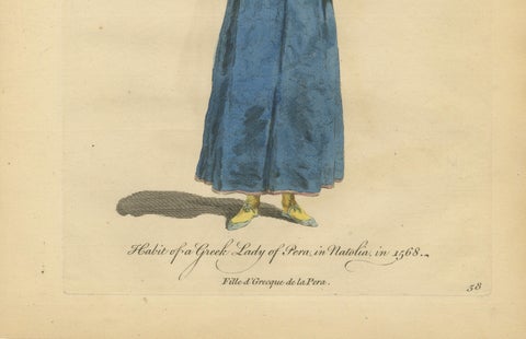 Greek Lady of Pera, Ottoman Costume Print, Hand-Colored Engraving, 1749, close-up 3