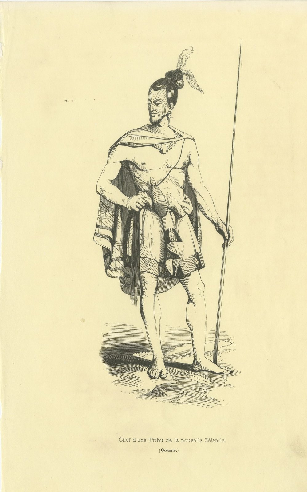 Chief of a Tribe of New Zealand, Antique Wahlen Costume Print, 1843-1844