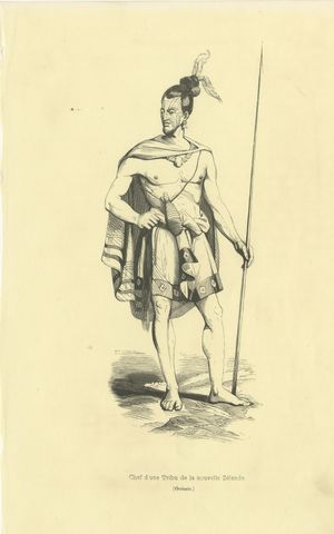 Chief of a Tribe of New Zealand, Antique Wahlen Costume Print, 1843-1844