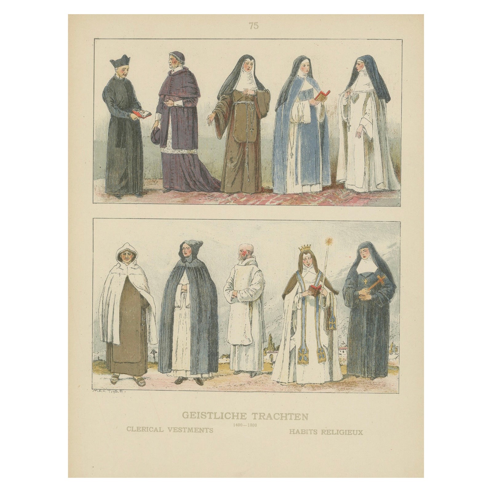Catholic Religious Costume Study, Hand-Colored Print, Published ca.1880