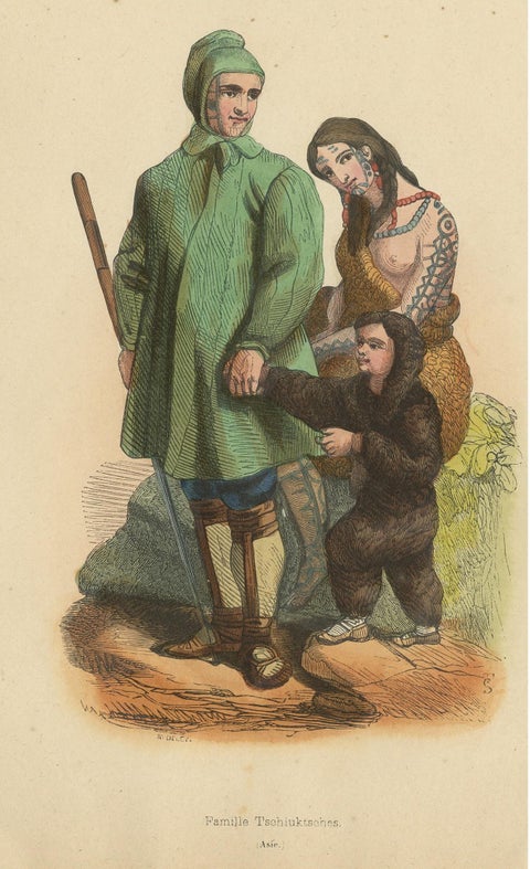 Antique Costume Print of Chuckchi People by Wahlen, 1843, view 2