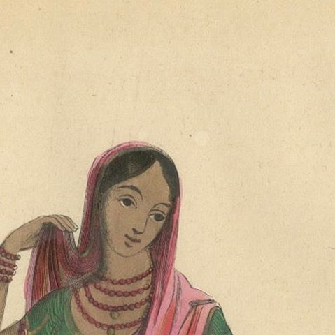 Elegant 1844 Lithograph of a High-Class Indian Woman in Traditional Saree, close-up 5