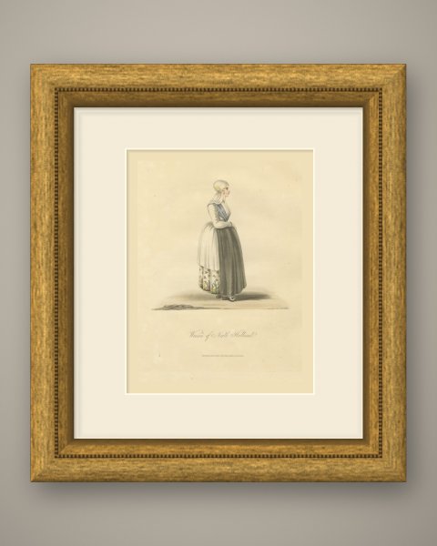 Woman of North Holland, Gold Head Ornament, Antique Ackermann Print, 1817, shown framed