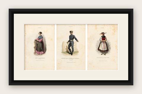 Set of Three Antique German & Hungarian Folk Costume Engravings, circa 1850, shown framed